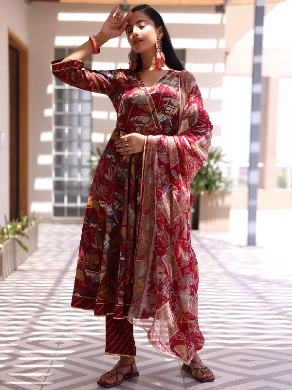 Women’s Work Outfits Maroon Printed Silk Blend Anarkali Suit With Dupatta