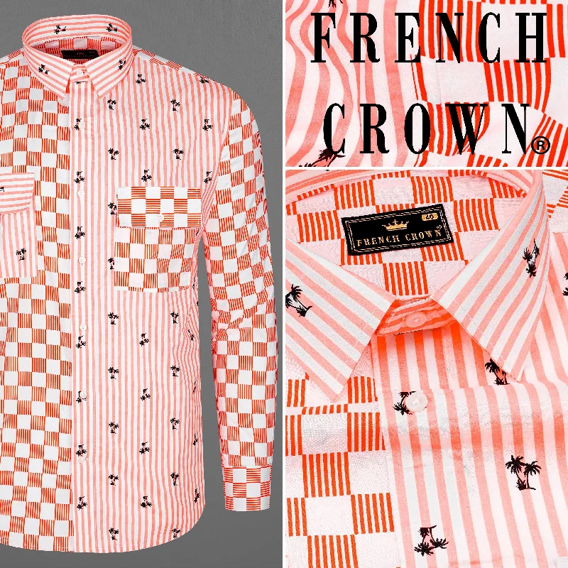 Women’s Elegant Shoes Orange with White Checked and Striped Premium Cotton Designer Shirt