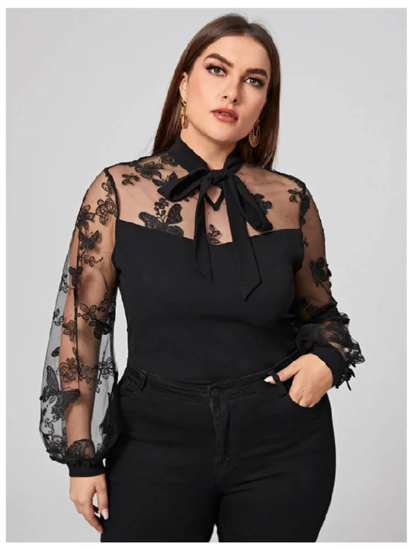 Women’s Beach Wear Black Tulle Plus Size Women Long Sleeves Shirts