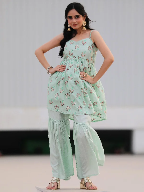 Elegant Fashion For Women Sea Green Printed Silk Blend A-Line Kurta With Sharara