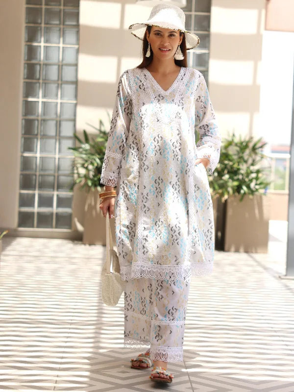 Best Fashion For Women Off white Printed Cotton A-Line Kurta With Palazzos