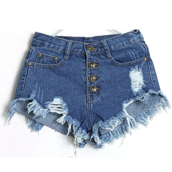 Elegant Fashion For Women High Waist Ripped Raw Hem Denim Shorts (Dark/Light Blue)