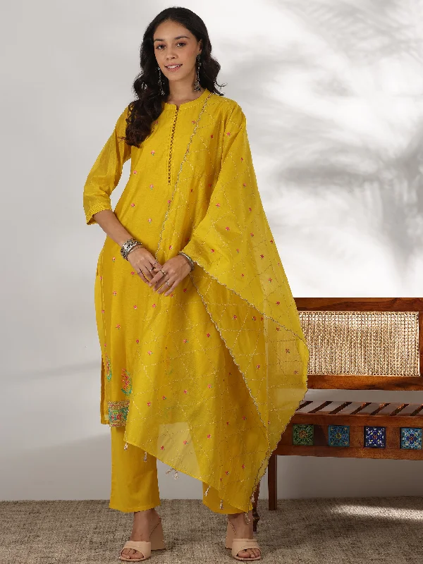 Best Winter Jackets Yellow Embroidered Chanderi Silk Straight Suit With Dupatta