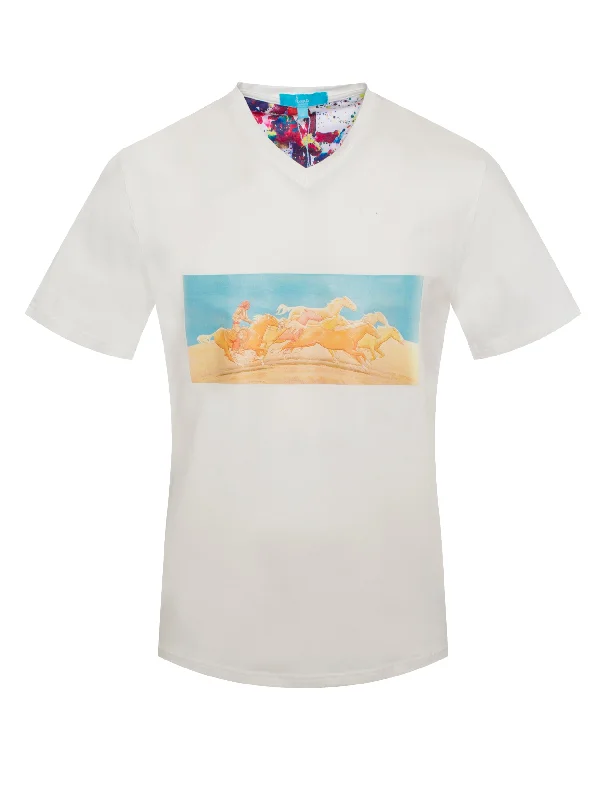 Women’s Evening Apparel White T-Shirt with Galoping Horses Motif (A1001)