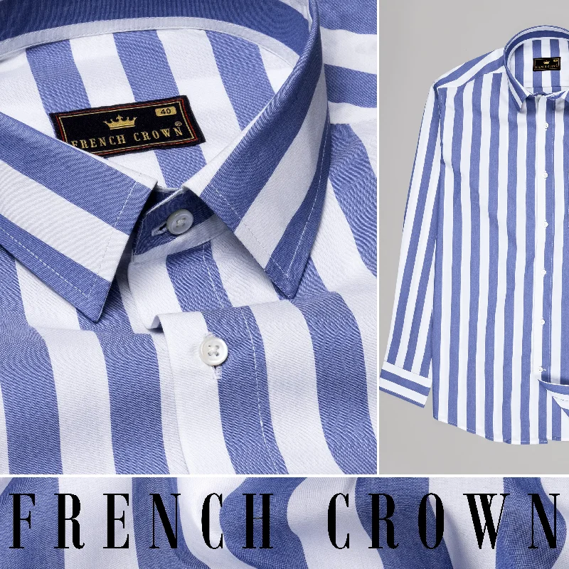 Women’s Summer Fashion White and Tory Blue Striped Premium Cotton Shirt