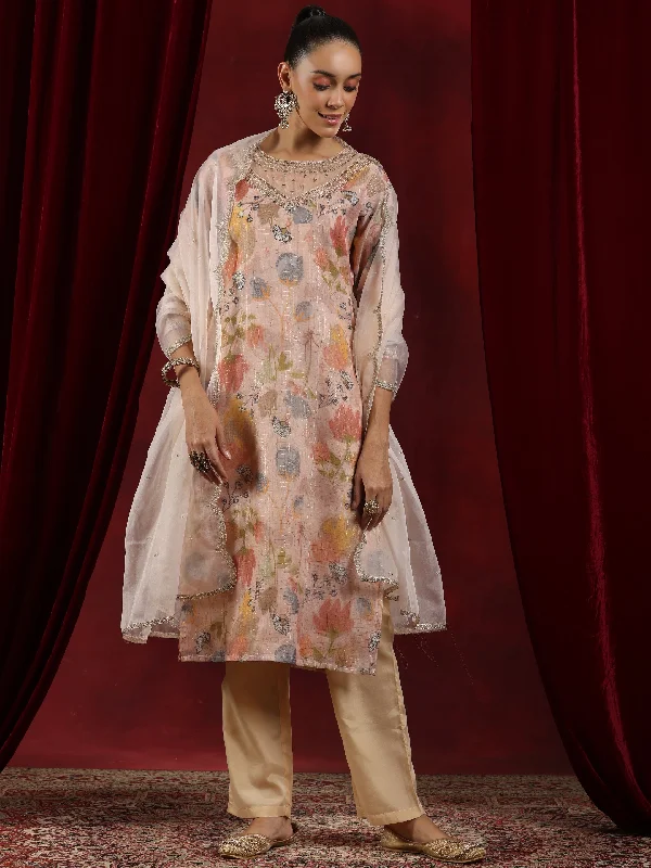 Elegant Shoes For Work Peach Printed Organza Straight Suit With Dupatta