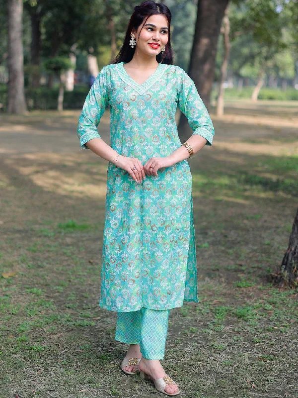 Women’s Denim Coats Green Printed Silk Blend Straight Kurta Set