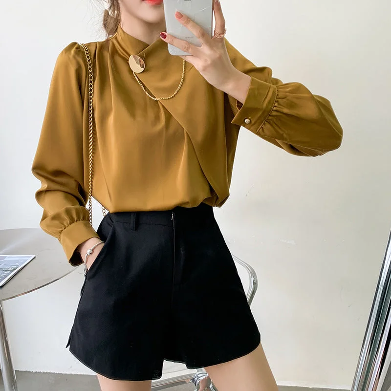 Women’s Casual Outerwear Elegant Designed Satin Stand Collar Women Blouses