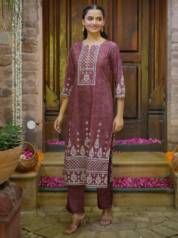 Summer Outerwear For Women Brown Printed Poly Crepe Straight Kurta With Trousers