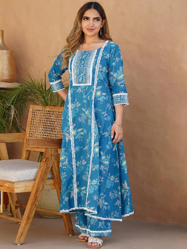 Women’s Beach Wear Blue Printed Cotton A-Line Kurta With Palazzos