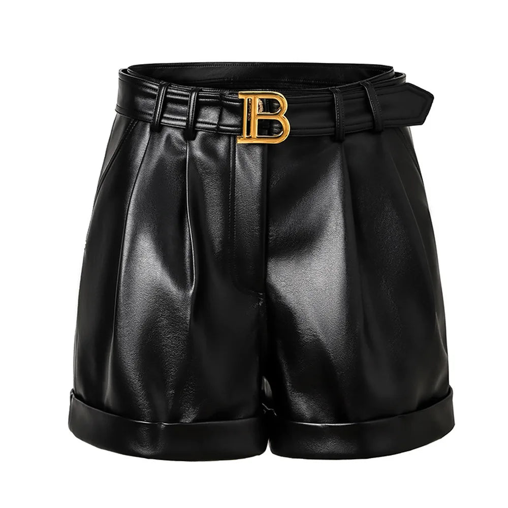 Summer Fashion For Women Custom PU Leather Roll Cuff Belted Shorts