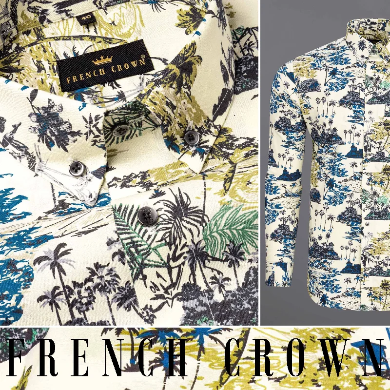 Comfortable Outerwear Off White Tropical Printed Royal Oxford Shirt