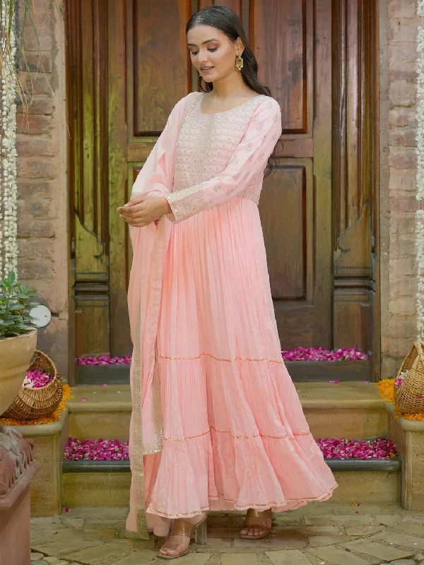 Warm Women’s Jackets Libas Art Peach Embroidered Cotton Blend A-Line Kurta With Sharara & Dupatta