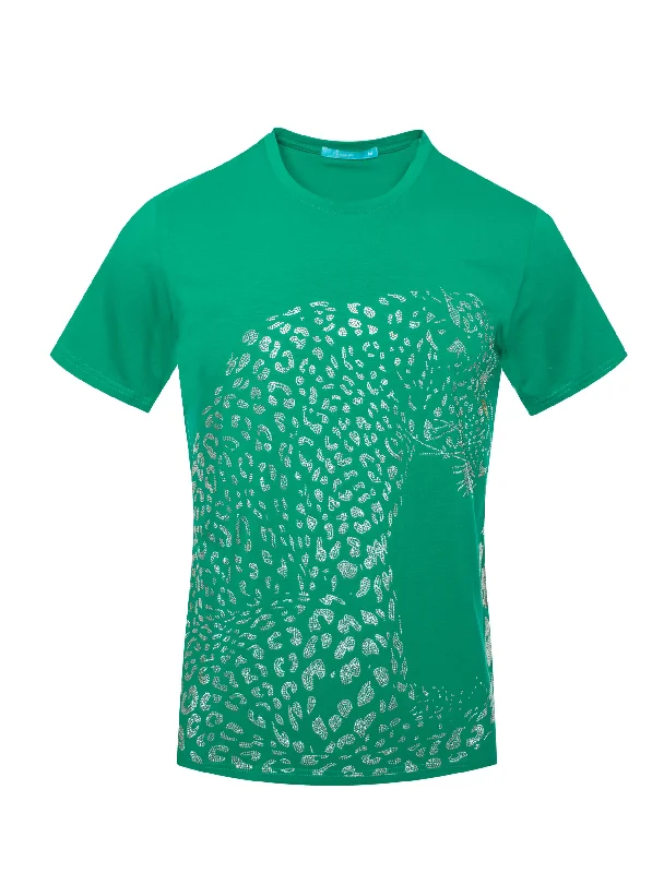 Women’s Comfortable Footwear Crewneck Neck Tee Leopard crystal,  Emerald  1045