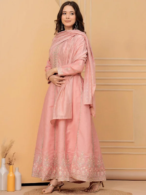 Comfortable Yoga Clothes Libas Art Peach Embroidered Silk Blend A-Line Kurta With Trousers & Dupatta