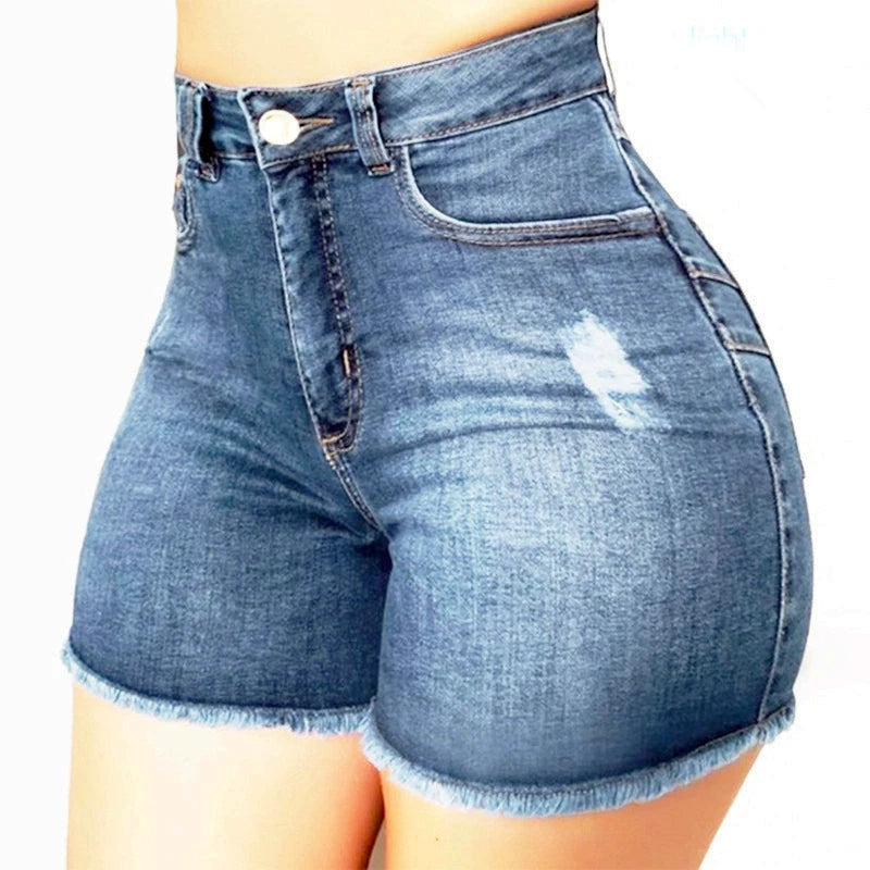 Women’s Fashion Workwear High Waist Distressed Raw Hem Skinny Denim Shorts (4 colors)