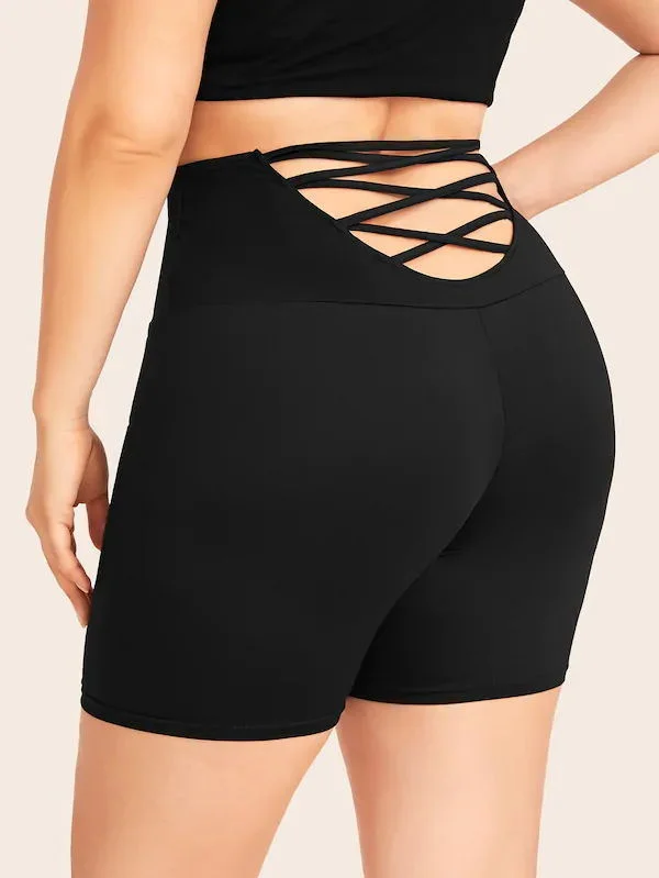 Women’s Office Wear Black Hollow Out Yoga Shorts