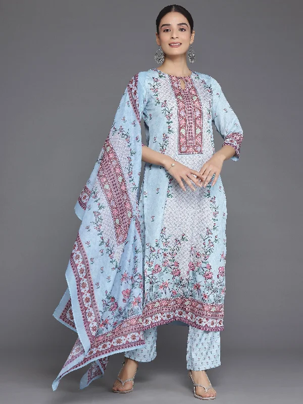 Stylish Plus Size Wear Blue Printed Poly Crepe Straight Suit With Dupatta