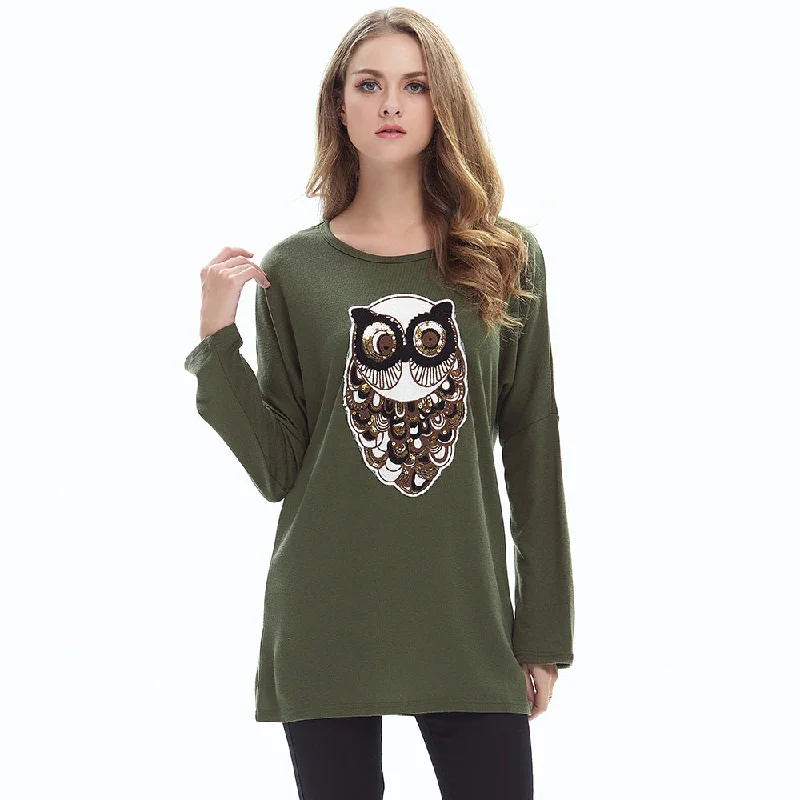 Trendy Outerwear Sale Casual Women Owl Designed Women Long Sleeves Pullover Shirts