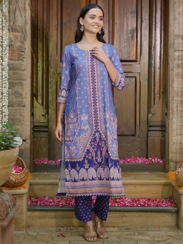 Women’s Fall Outerwear Blue Printed Crepe Straight Kurta Set