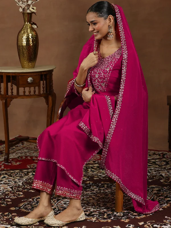 Women’s Fashion Lingerie Pink Yoke Design Silk Blend Straight Suit With Dupatta