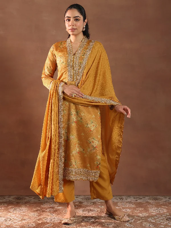 Women’s Casual Dresses Mustard Printed Silk Blend Straight Suit With Dupatta