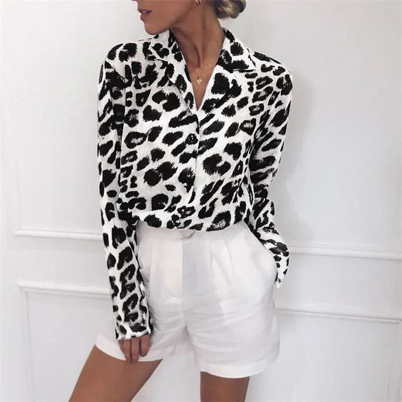 Women’s Leather Handbags Casual Long Sleeves Leopard Print Chiffon Shirts