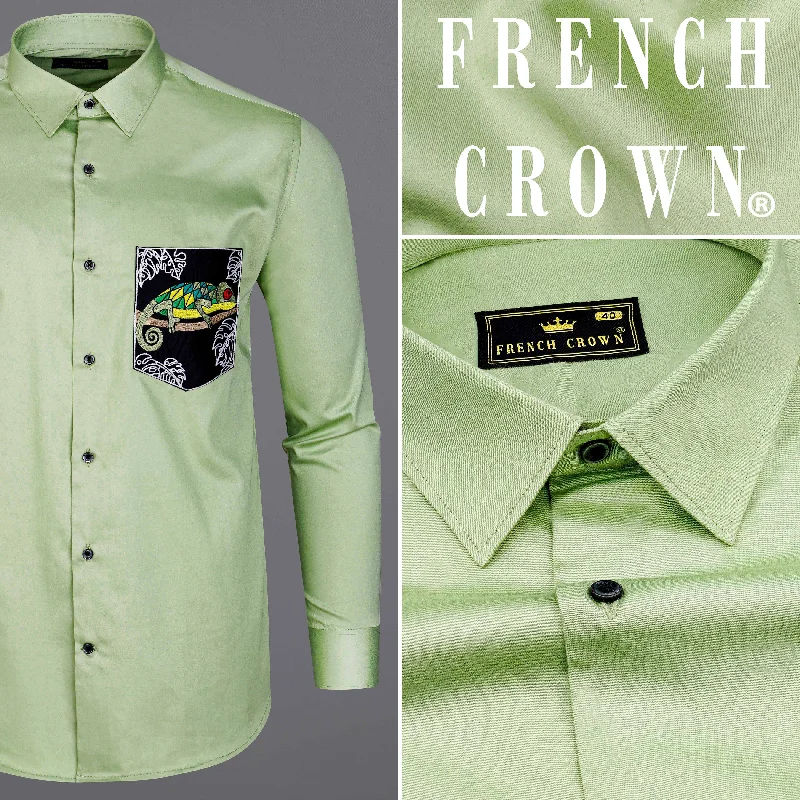 Casual Fashion Wear Timberwolf Green with Black Patch Subtle Sheen Pocket Chameleon Embroidered  Super Soft Premium Cotton Shirt