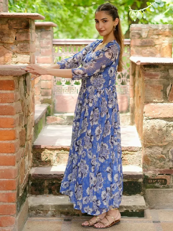 Summer Fashion For Women Blue Printed Chiffon 3 Piece Co-Ords