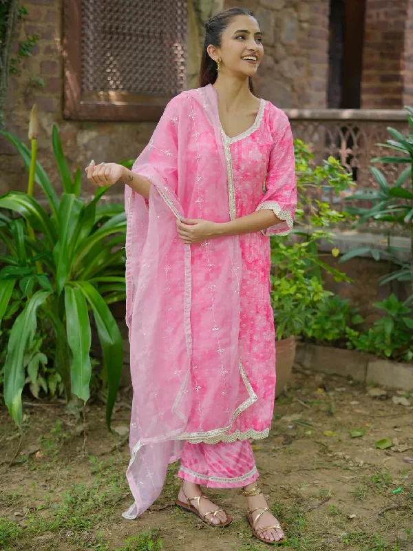 Women’s Comfortable Jeans Pink Printed Cotton Straight Suit With Dupatta