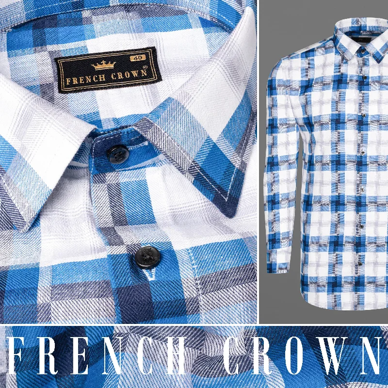 Chic Fashion For Women Bright white and Tory Blue Checkered Premium Cotton Shirt