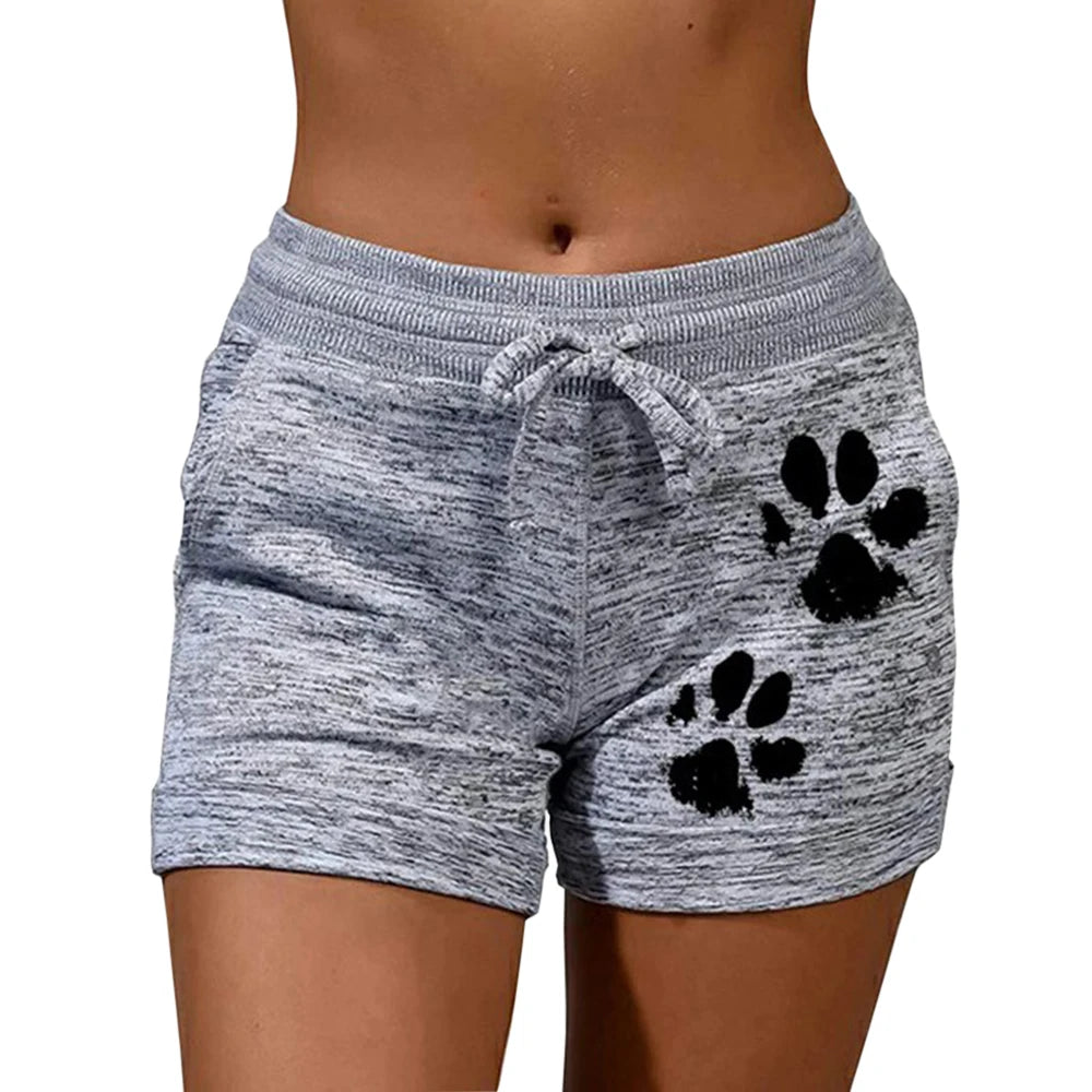 Women’s Summer Tops Cat Paw Print Elastic Mid Waist Drawstring Shorts (6 colors)