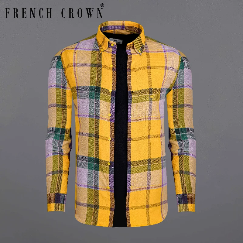 Women’s Fashion Dresses Squash Yellow with Fuchsia Purple and Spruce Green Plaid Flannel Overshirt