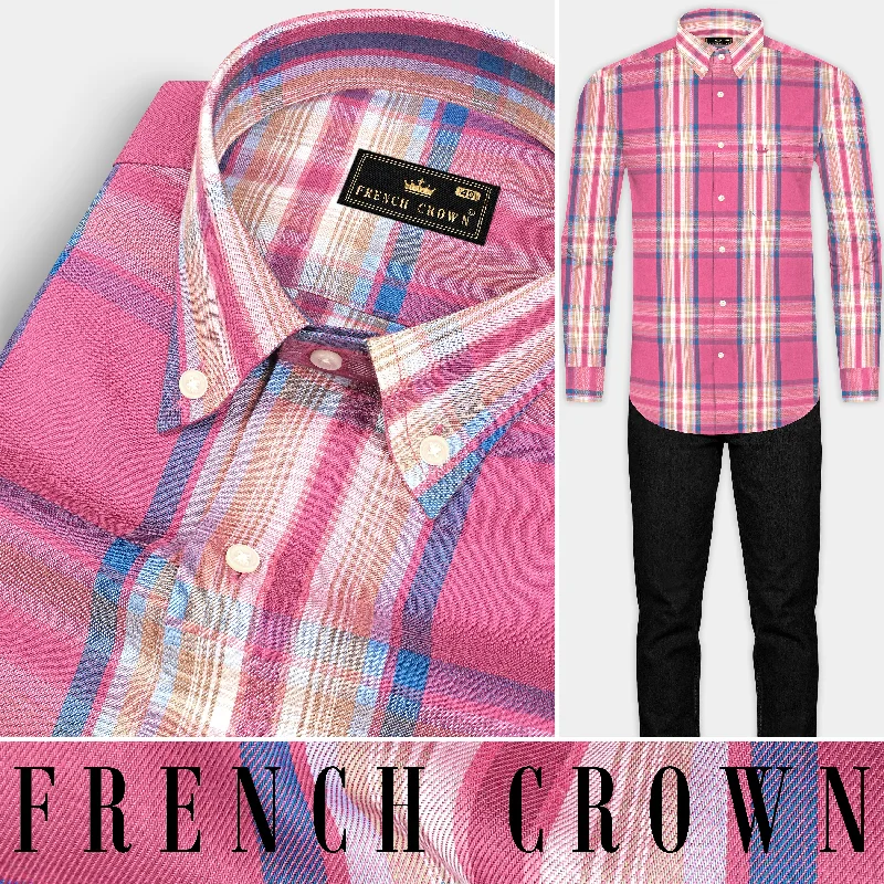 Trendy Sweaters For Work Tapestry Pink and Multicolored Twill Plaid Premium Cotton Shirt