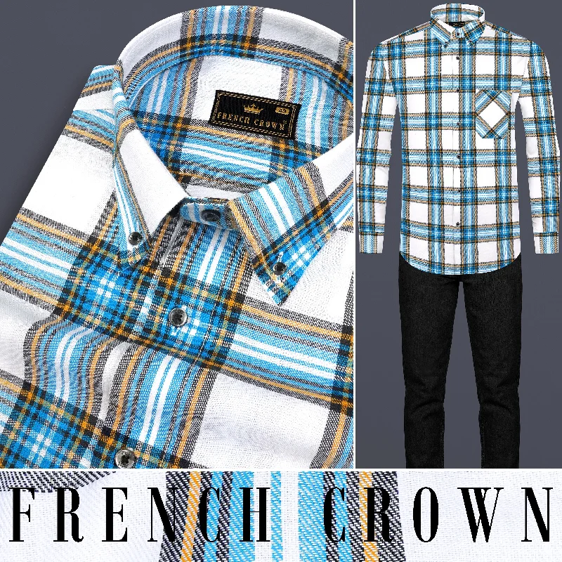 Affordable Fashion For Women Bright White and Celestial Blue Twill Plaid Premium Cotton Shirt