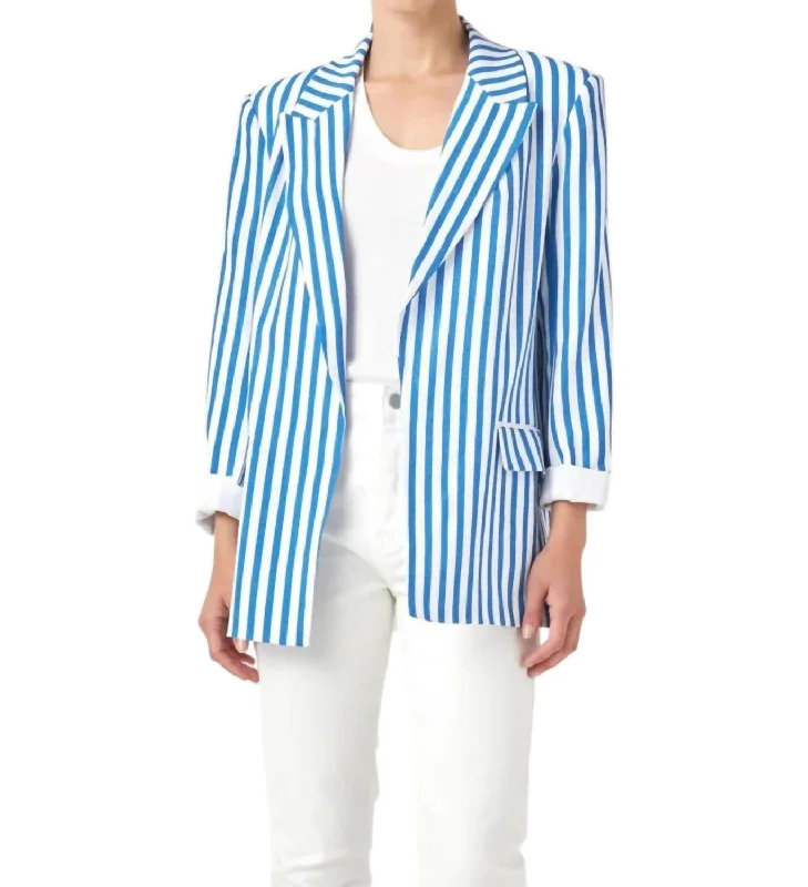 Women’s Shoes Sale Striped Pocketed Blazer In Blue/white