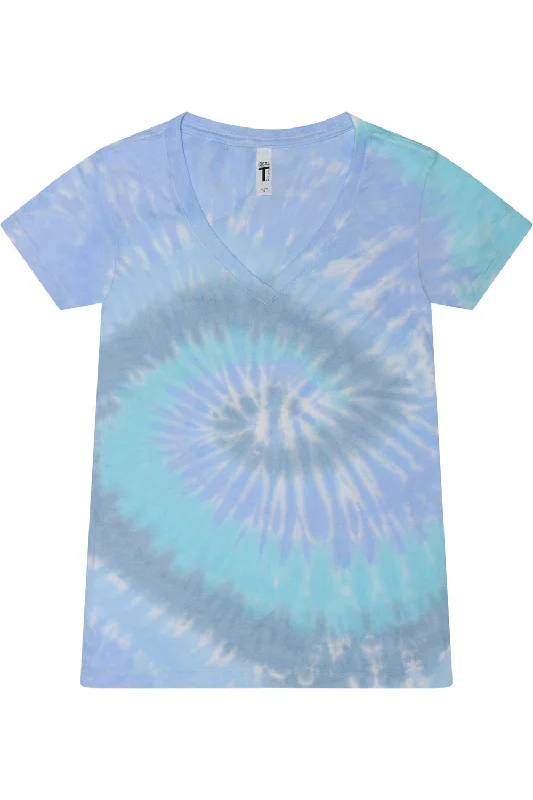 Comfortable Women’s Footwear Tie-Dye Womens Short Sleeve V-Neck T-Shirt - Lagoon