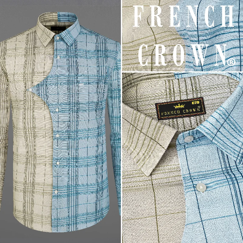 Elegant Office Dresses Vanilla Brown and Casper Sky Blue Plaid Luxurious Linen Designer Shirt