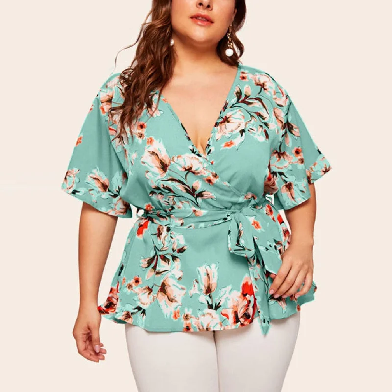 Women’s Business Pants V Neck Short Sleeves Chiffon Plus Sizes Women Blouses