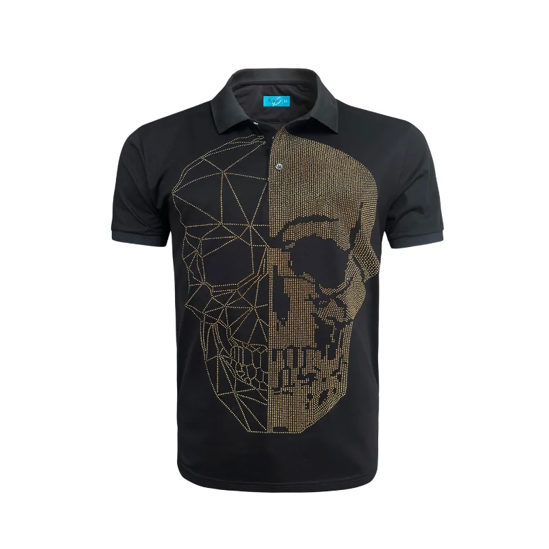 Plus Size Casual Tops Black Polo with Black Gold Crystal Skull Design 2109