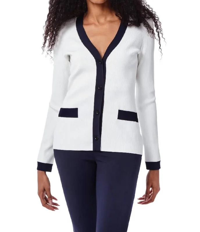 Fashion Tops For Women Hilda Sweater Blazer In White With Navy Trim