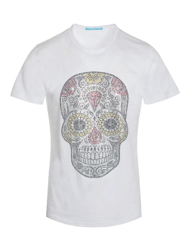 Women's Formal Pants Skull design Tee with Crystals White