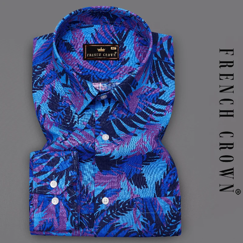 Summer Outerwear For Women Crystal Blue with Fuchsia Purple Leaves Printed Premium Cotton Shirt