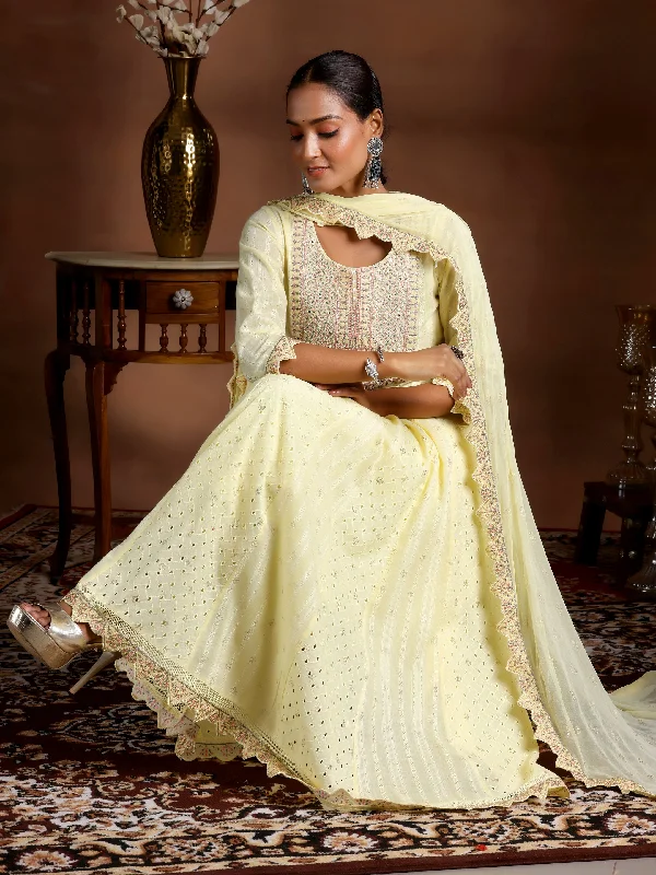 Comfortable Summer Shoes Yellow Embroidered Cotton A-Line Kurta With Trousers & Dupatta