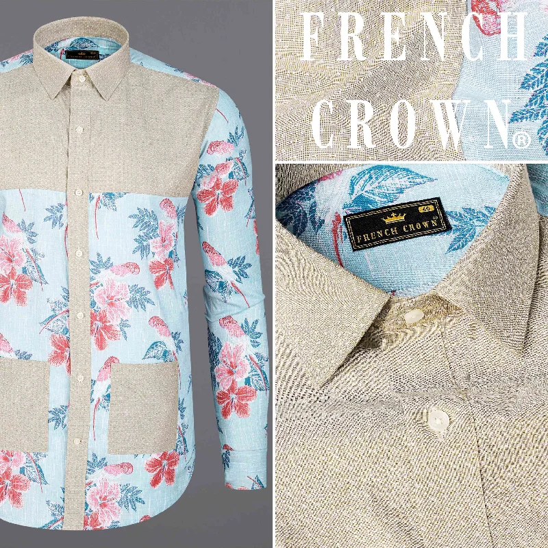 Elegant Jackets For Women Mercury Blue Floral Printed and Cold Turkey Brown Chambray Premium Cotton Designer Shirt