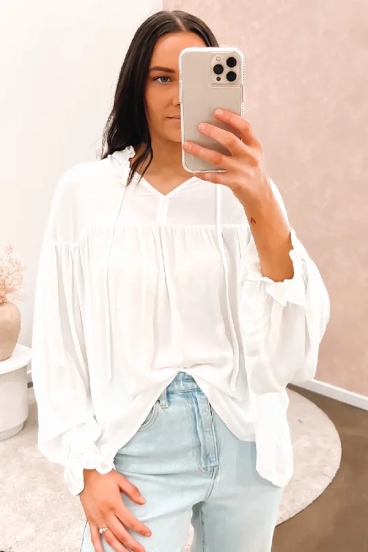 Angela Solid Balloon Sleeve Boho Top White