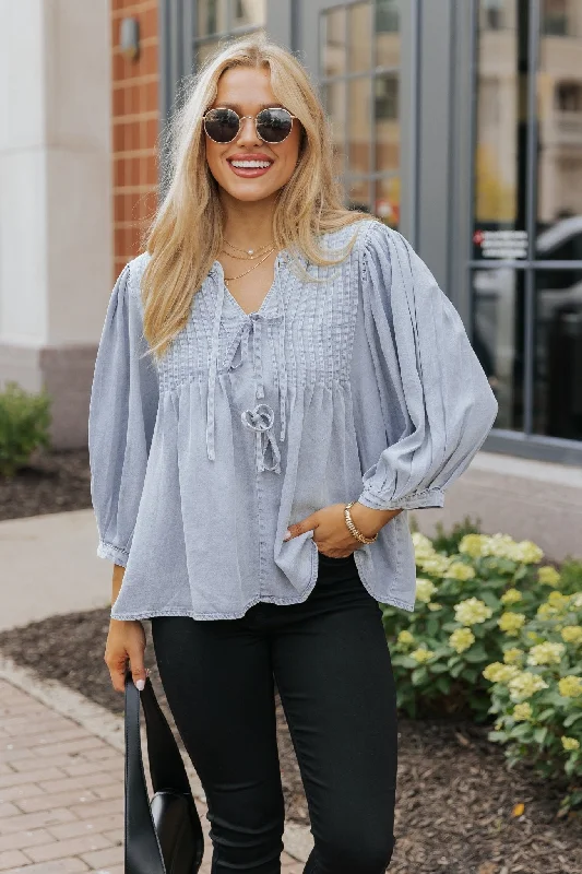 Denim Tie Detail Textured Top