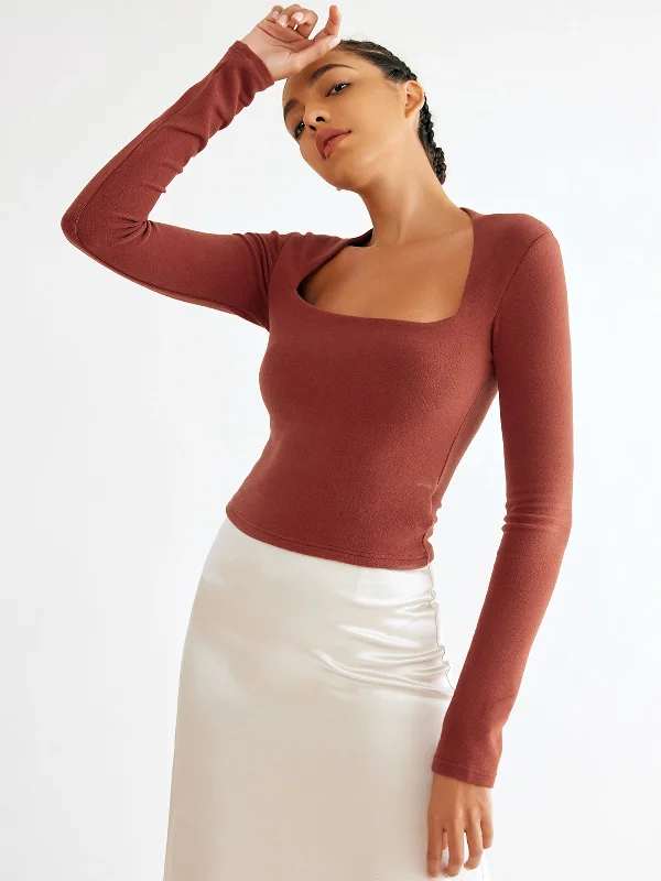 Brushed Tapered Square Neck Long Sleeve Top