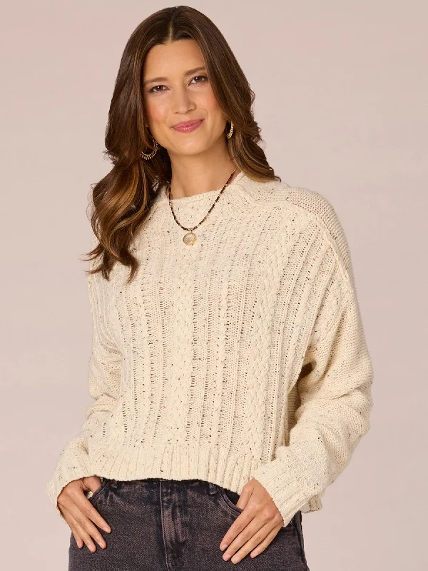 Long Sleeve Funnel Neck Placement Cable Knit Sweater