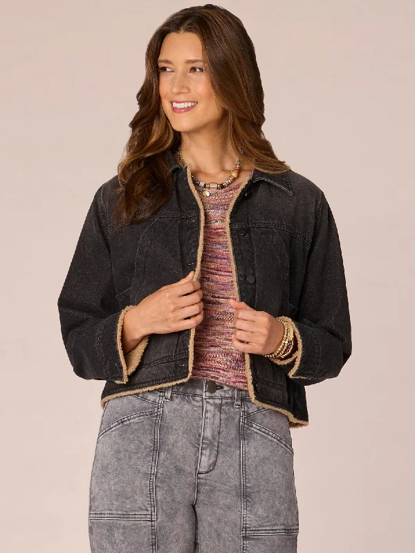 Long Sleeve Sherpa Lined Button Front Cropped Hem Denim Jacket